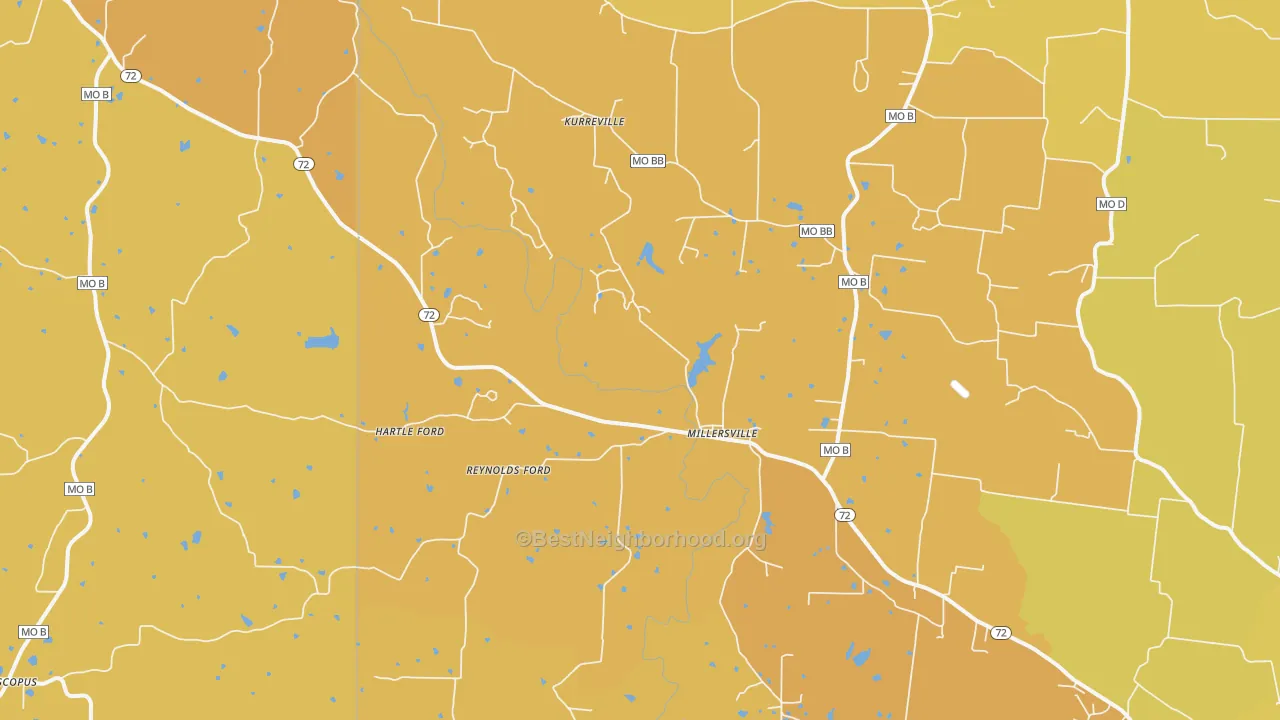 Map of the best neighborhoods in the Millersville area, with better matches in green and worse matches in red