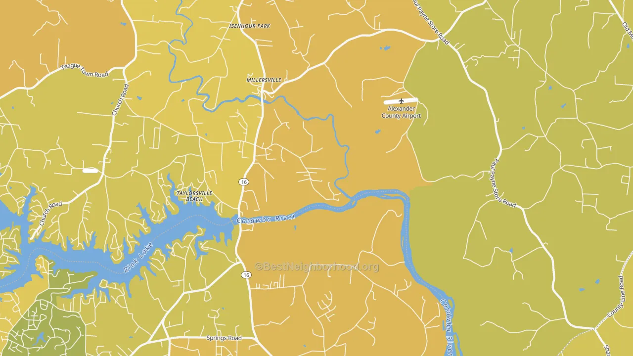 Map of the best neighborhoods in the Millersville area, with better matches in green and worse matches in red