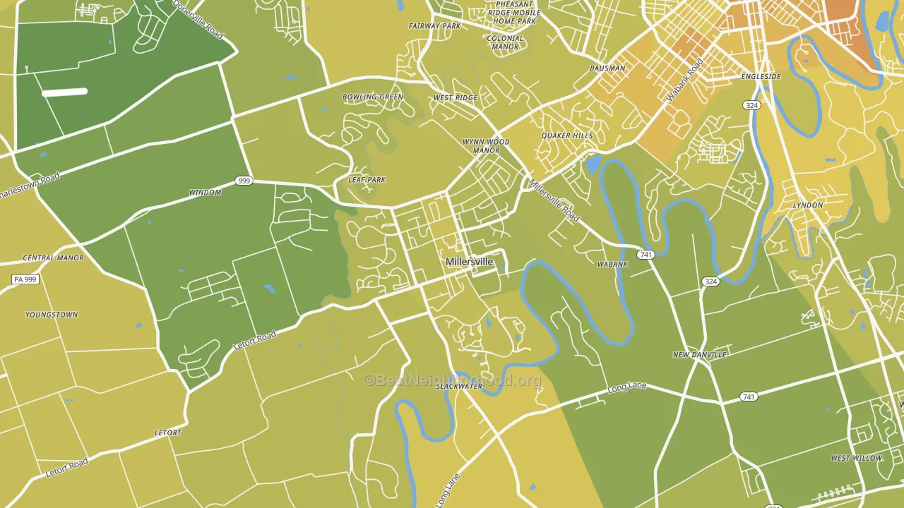 Map of the best neighborhoods in the Millersville area, with better matches in green and worse matches in red