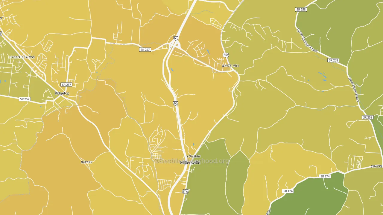 Map of the best neighborhoods in the Millersville area, with better matches in green and worse matches in red