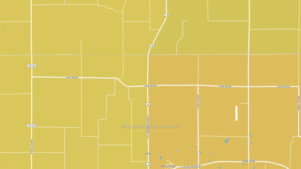 Map of the best neighborhoods in the Millerton area, with better matches in green and worse matches in red