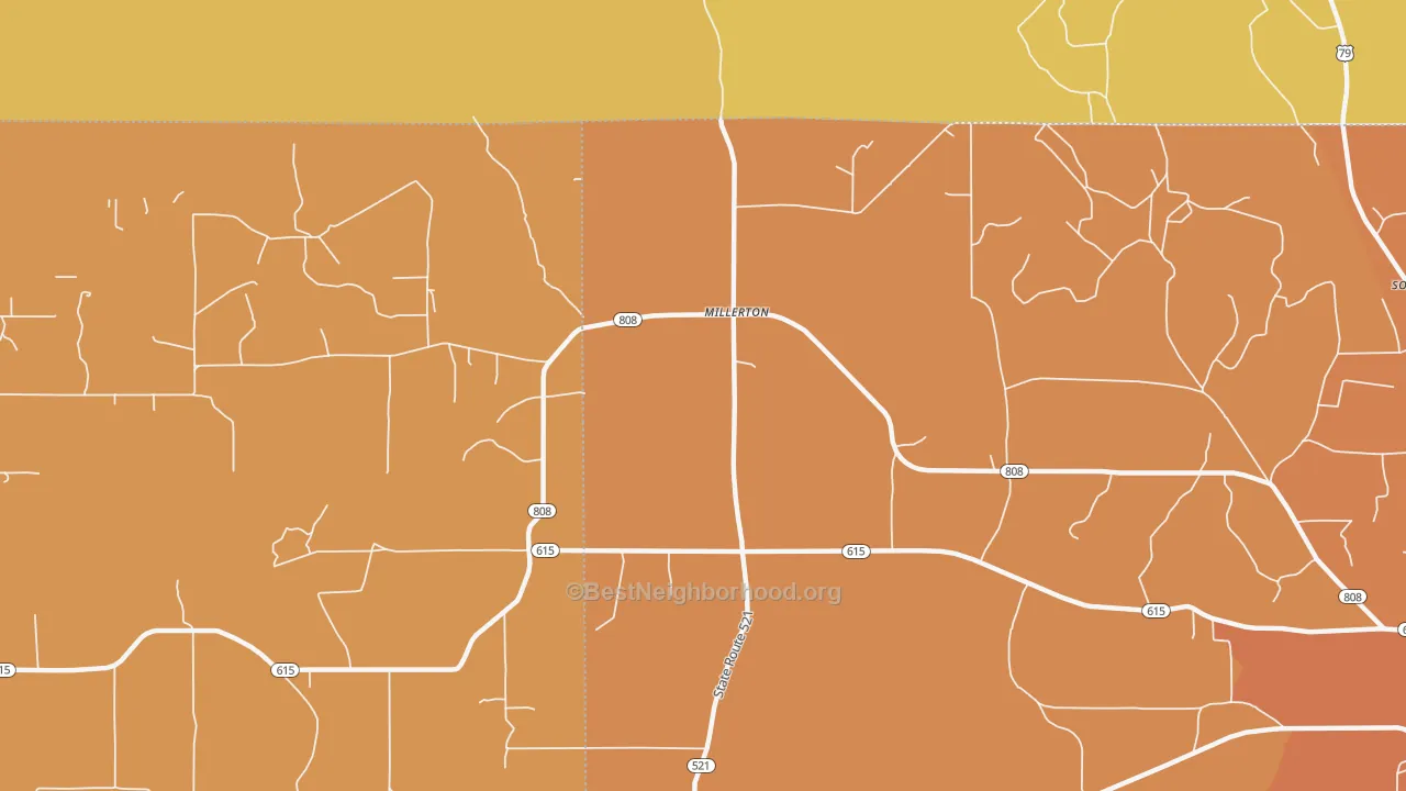 Map of the best neighborhoods in the Millerton area, with better matches in green and worse matches in red