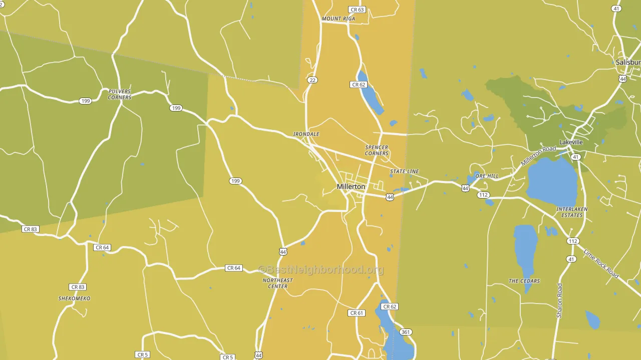 Map of the best neighborhoods in the Millerton area, with better matches in green and worse matches in red