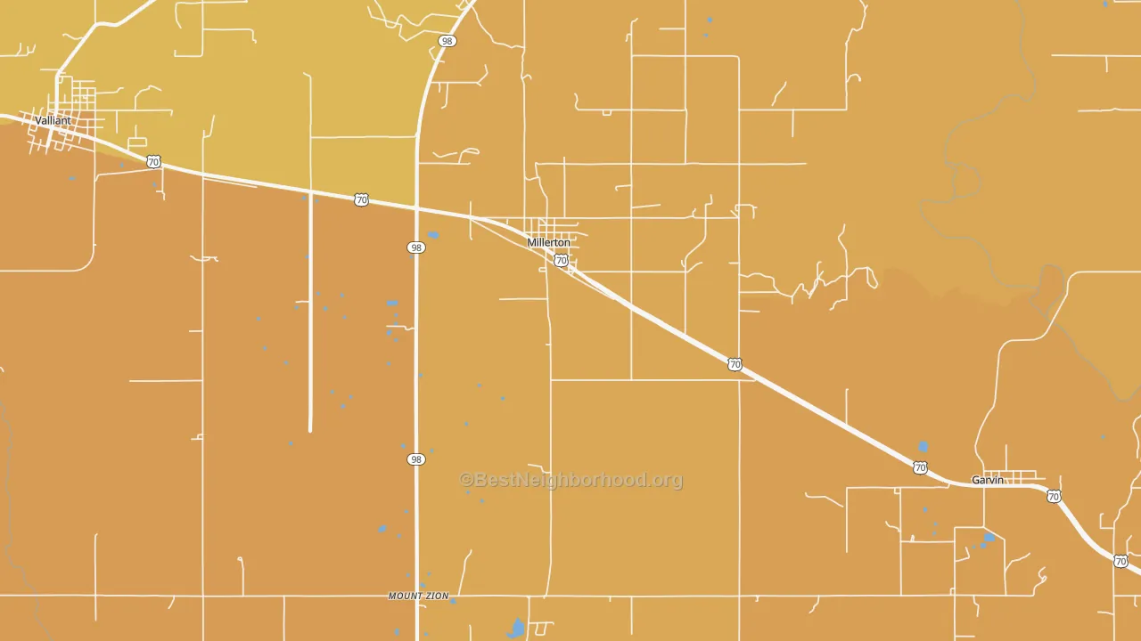 Map of the best neighborhoods in the Millerton area, with better matches in green and worse matches in red