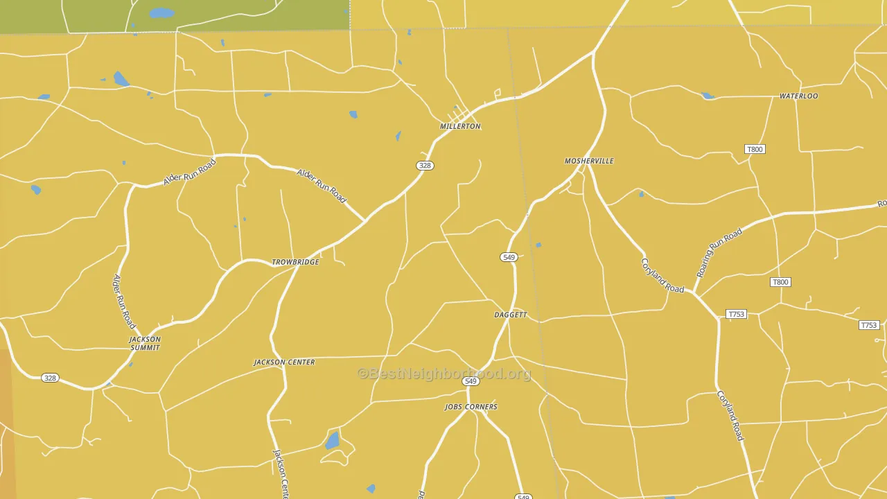 Map of the best neighborhoods in the Millerton area, with better matches in green and worse matches in red