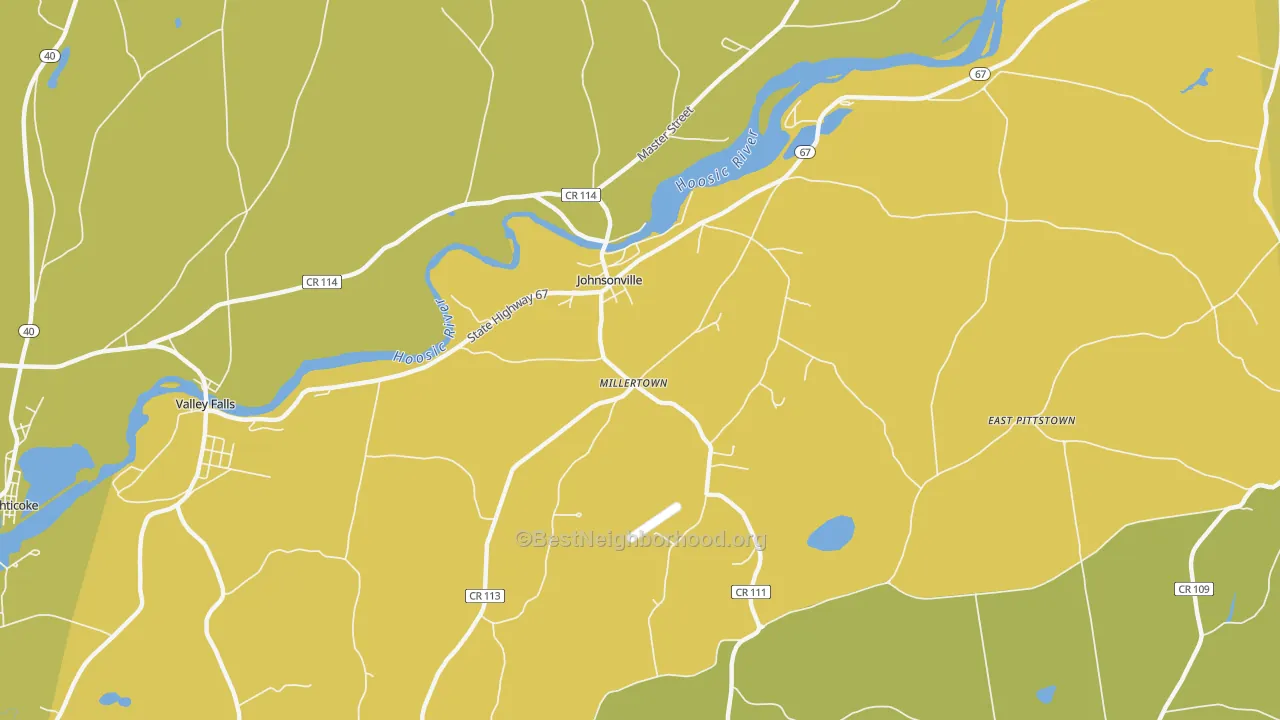 Map of the best neighborhoods in the Millertown area, with better matches in green and worse matches in red