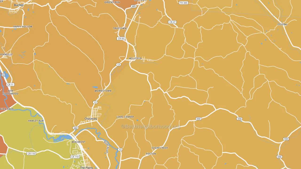 Map of the best neighborhoods in the Millfield area, with better matches in green and worse matches in red
