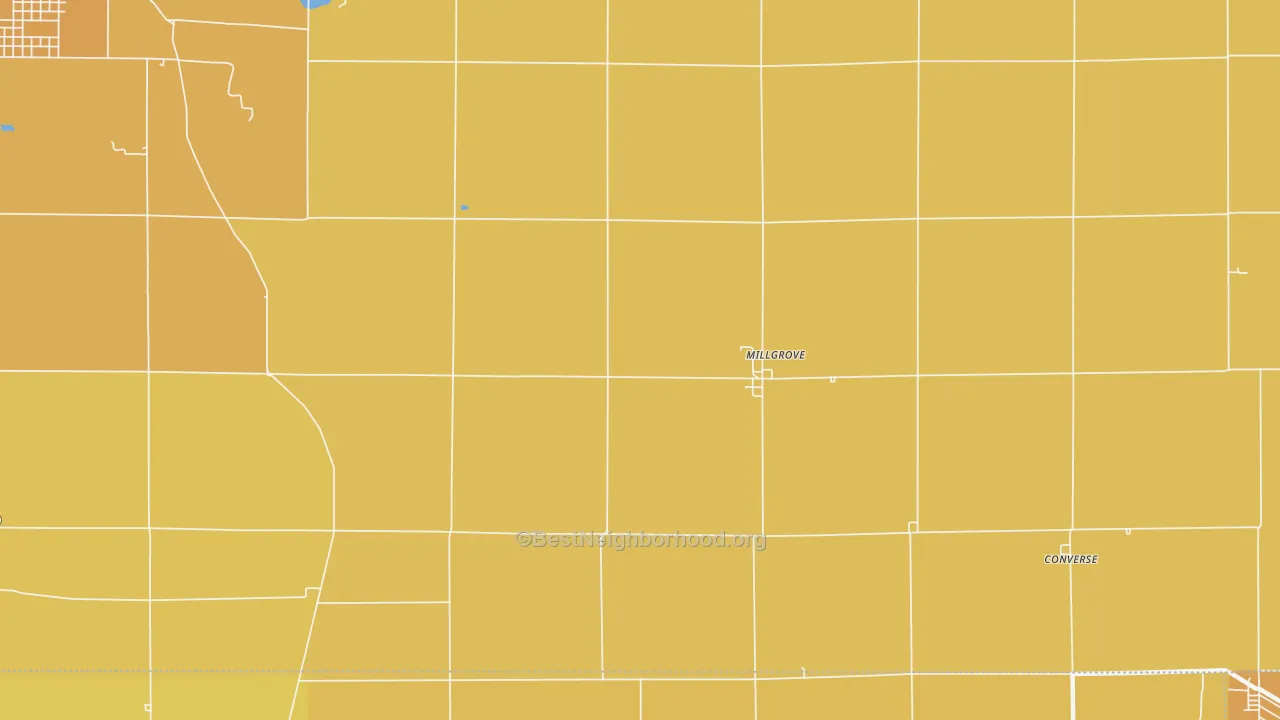 Map of the best neighborhoods in the Millgrove area, with better matches in green and worse matches in red