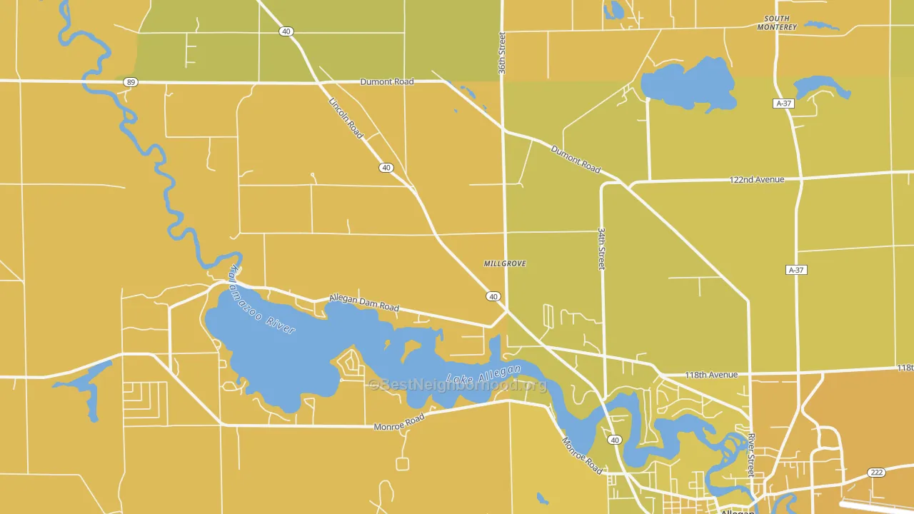 Map of the best neighborhoods in the Millgrove area, with better matches in green and worse matches in red