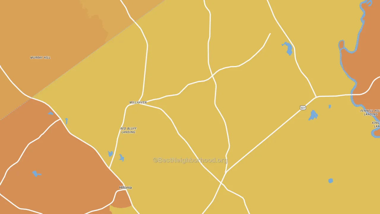 Map of the best neighborhoods in the Millhaven area, with better matches in green and worse matches in red