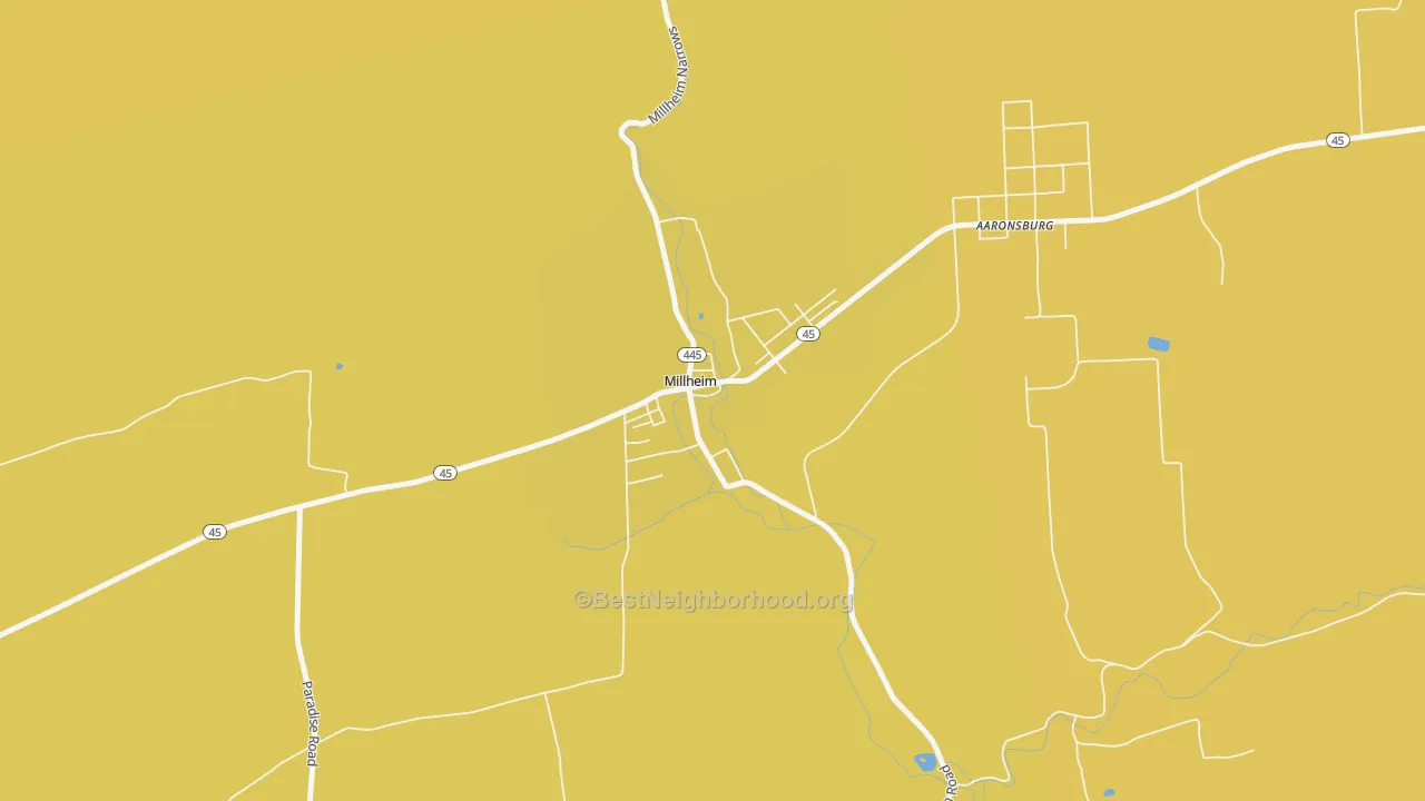 Map of the best neighborhoods in the Millheim area, with better matches in green and worse matches in red