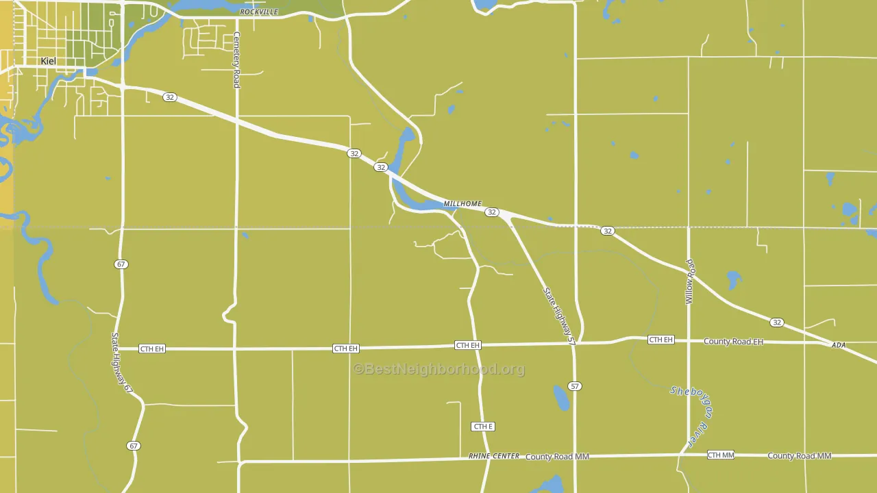 Map of the best neighborhoods in the Millhome area, with better matches in green and worse matches in red