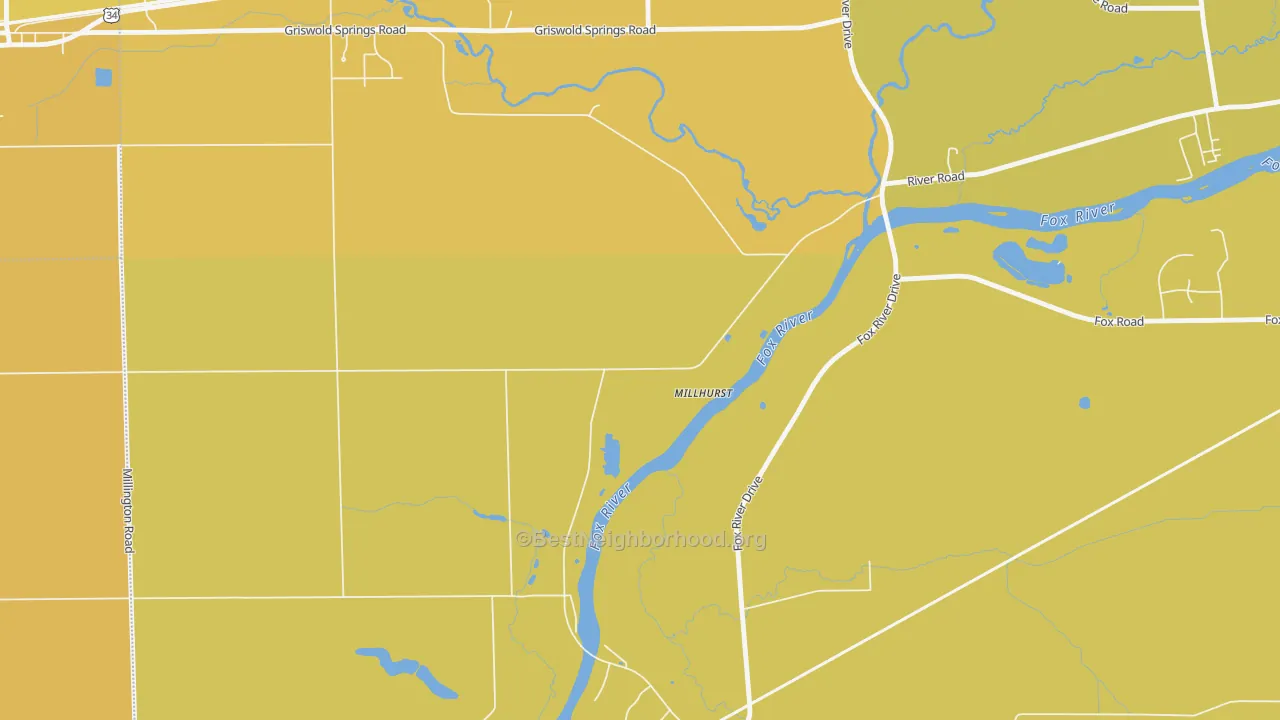 Map of the best neighborhoods in the Millhurst area, with better matches in green and worse matches in red