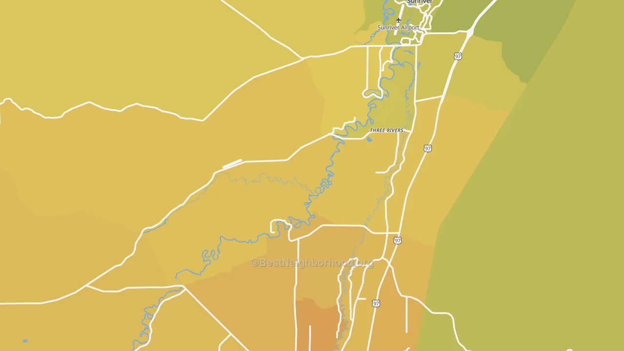 Map of the best neighborhoods in the Millican area, with better matches in green and worse matches in red