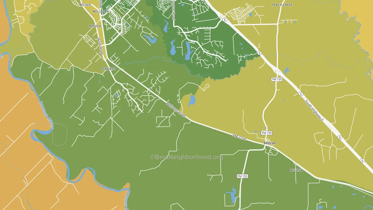 Map of the best neighborhoods in the Millican area, with better matches in green and worse matches in red
