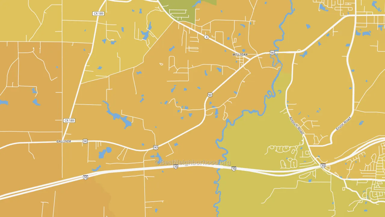 Map of the best neighborhoods in the Milligan area, with better matches in green and worse matches in red