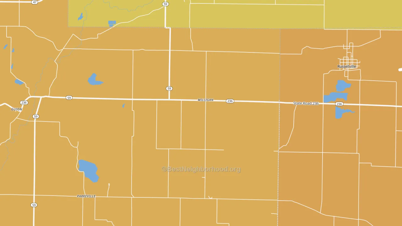 Map of the best neighborhoods in the Milligan area, with better matches in green and worse matches in red