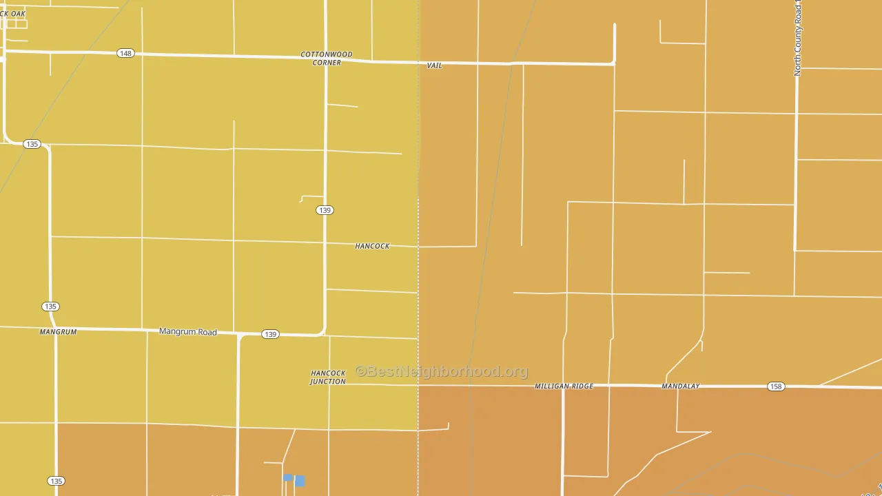 Map of the best neighborhoods in the Milligan Ridge area, with better matches in green and worse matches in red