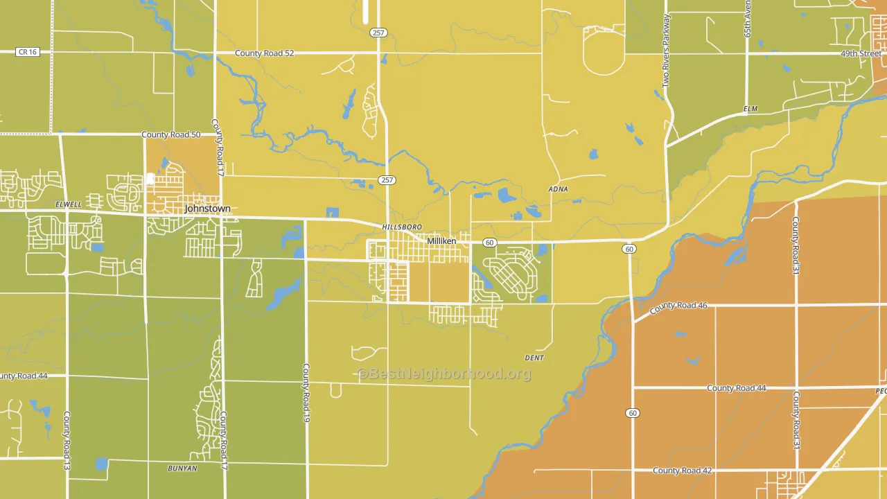 Map of the best neighborhoods in the Milliken area, with better matches in green and worse matches in red