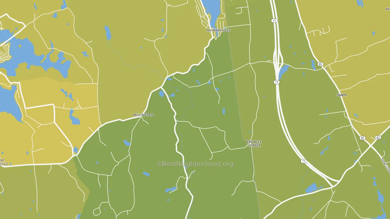 Map of the best neighborhoods in the Millington area, with better matches in green and worse matches in red