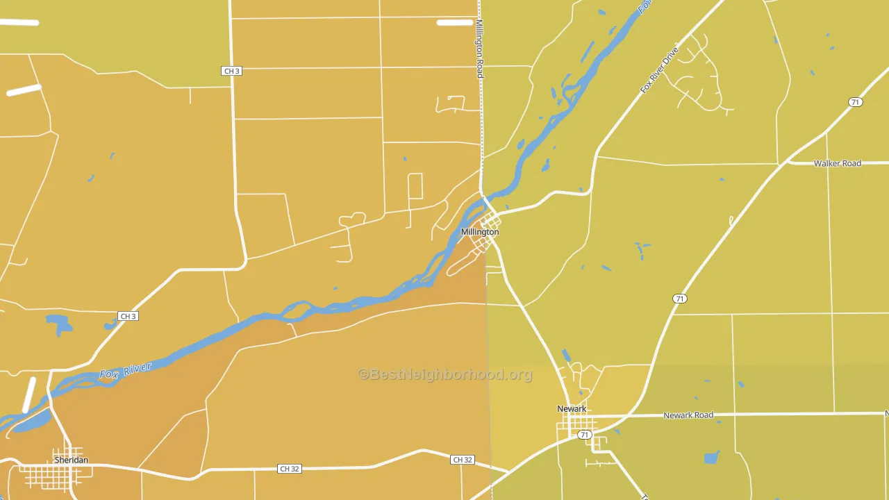 Map of the best neighborhoods in the Millington area, with better matches in green and worse matches in red