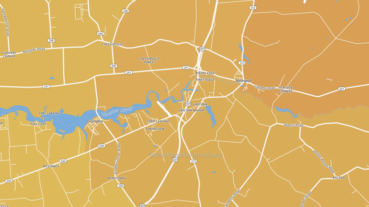Map of the best neighborhoods in the Millington area, with better matches in green and worse matches in red