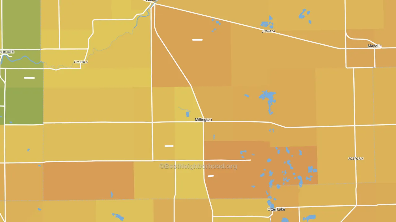 Map of the best neighborhoods in the Millington area, with better matches in green and worse matches in red