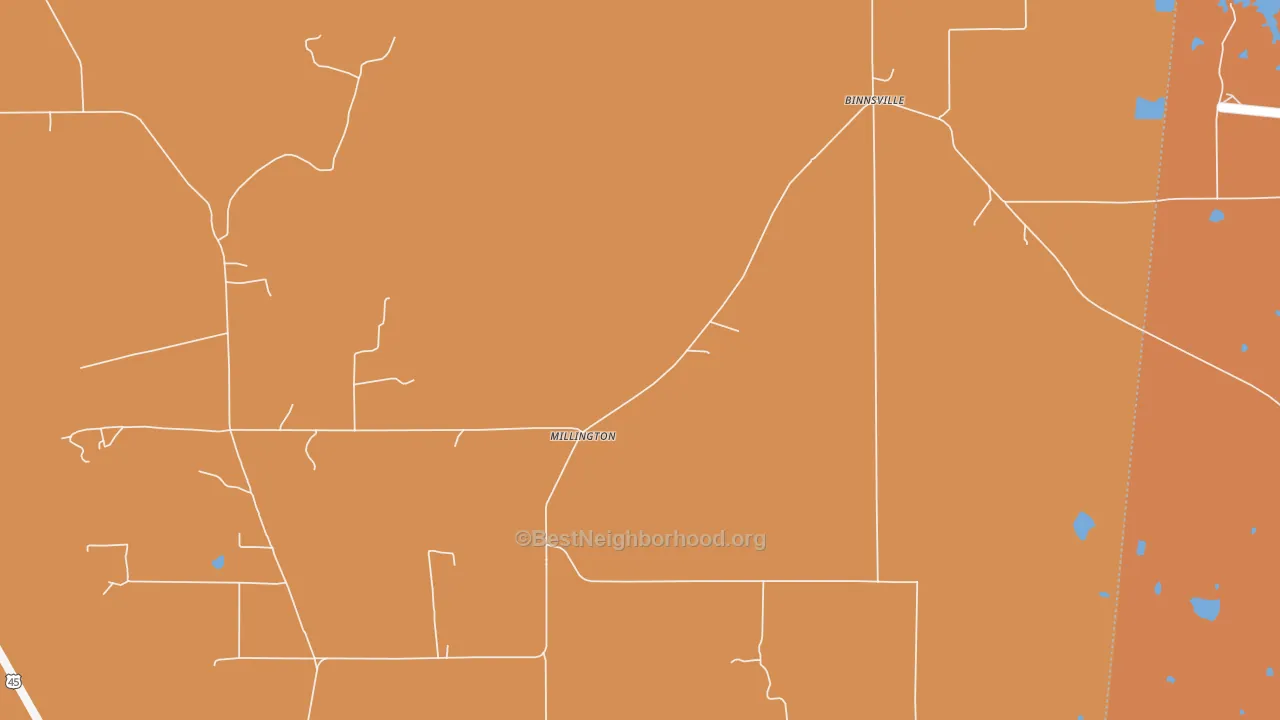 Map of the best neighborhoods in the Millington area, with better matches in green and worse matches in red