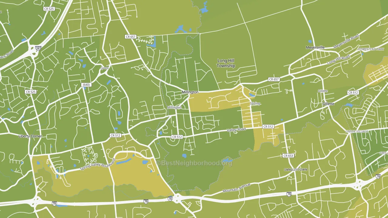 Map of the best neighborhoods in the Millington area, with better matches in green and worse matches in red