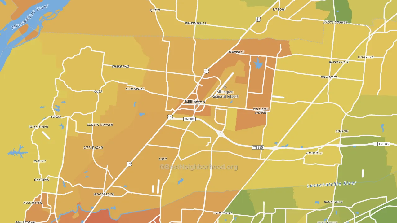 Map of the best neighborhoods in the Millington area, with better matches in green and worse matches in red