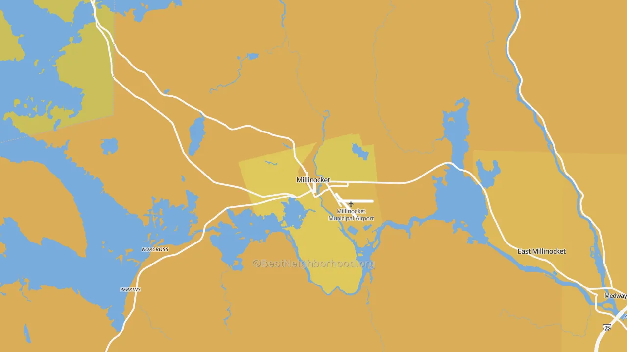 Map of the best neighborhoods in the Millinocket area, with better matches in green and worse matches in red