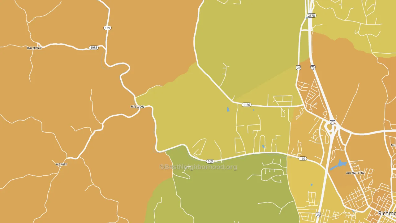 Map of the best neighborhoods in the Million area, with better matches in green and worse matches in red