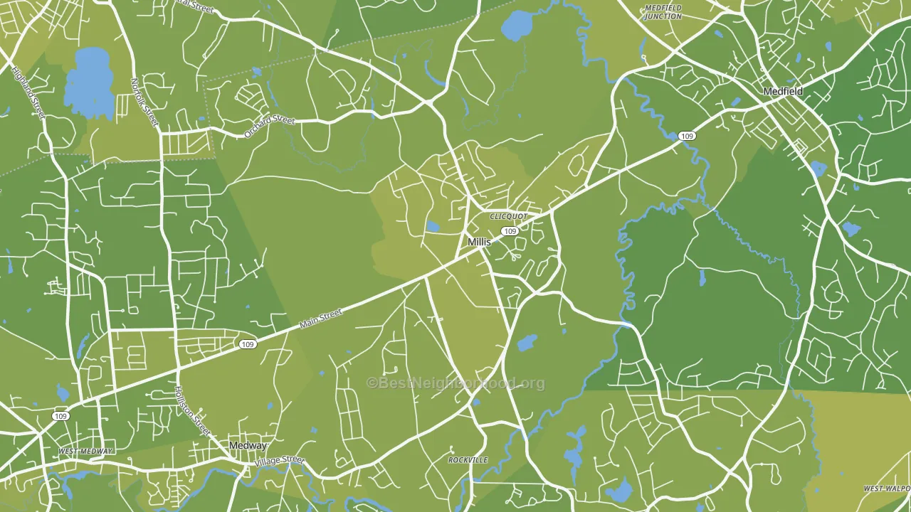 Map of the best neighborhoods in the Millis area, with better matches in green and worse matches in red