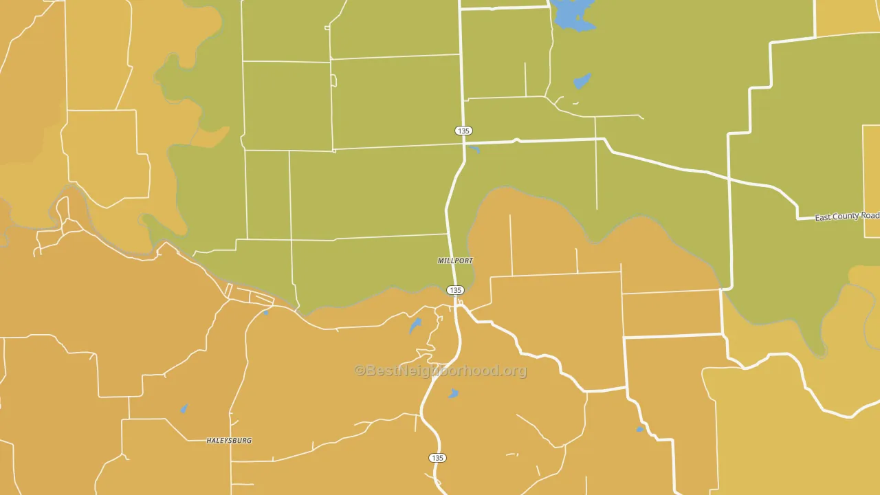 Map of the best neighborhoods in the Millport area, with better matches in green and worse matches in red