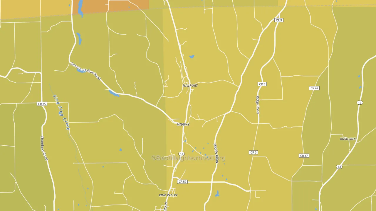 Map of the best neighborhoods in the Millport area, with better matches in green and worse matches in red