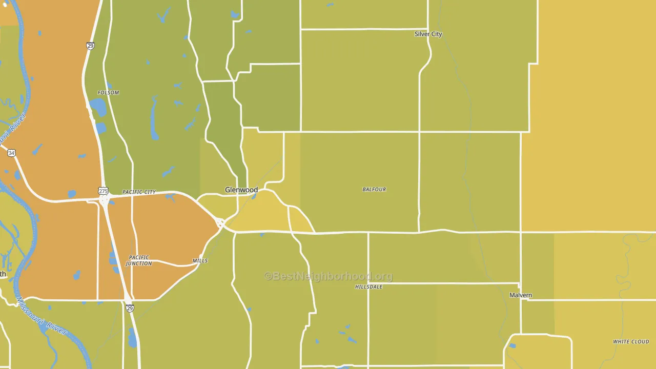 Map of the best neighborhoods in the Mills County area, with better matches in green and worse matches in red