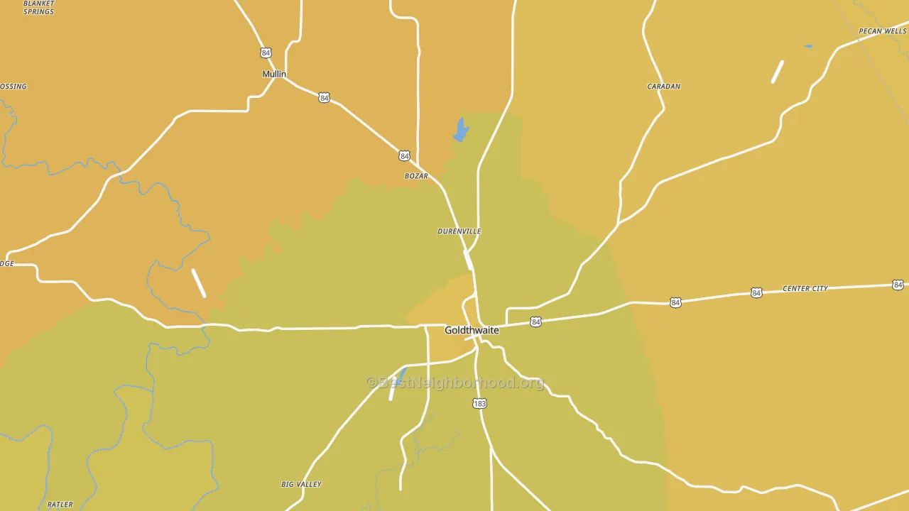 Map of the best neighborhoods in the Mills County area, with better matches in green and worse matches in red