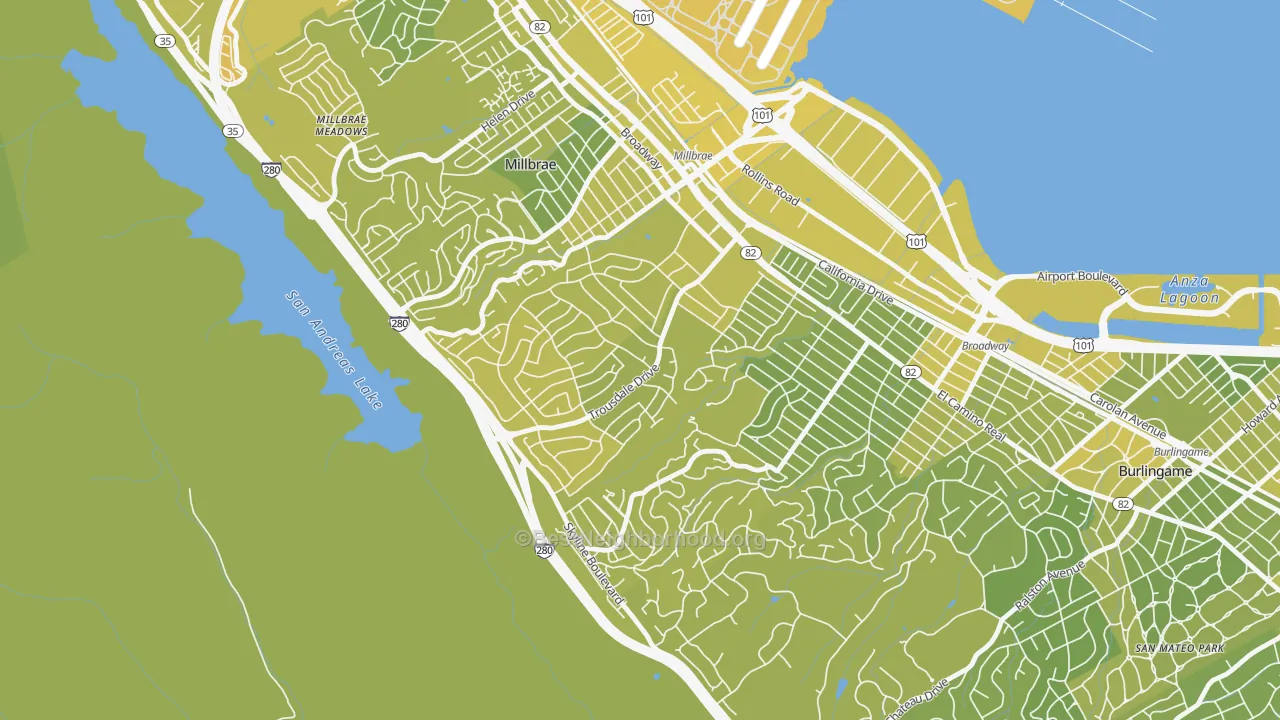 Map of the best neighborhoods in the Mills Estates, Burlingame area, with better matches in green and worse matches in red
