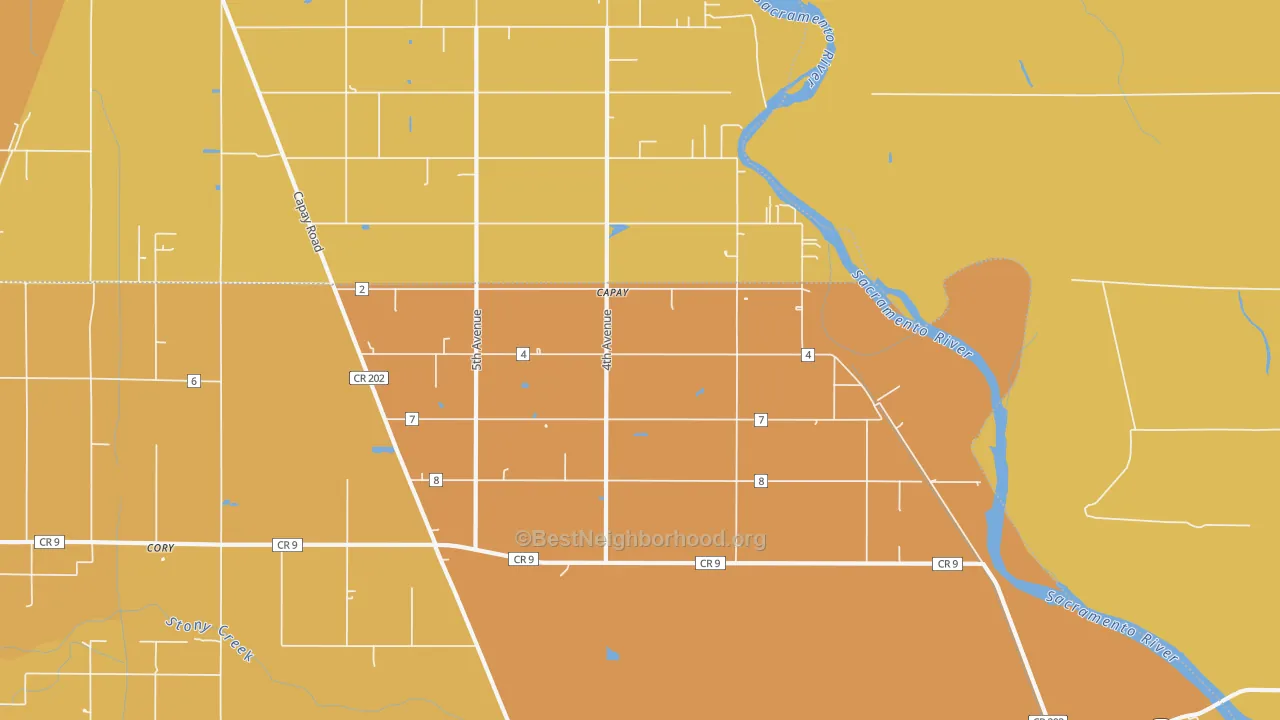 Map of the best neighborhoods in the Mills Orchard area, with better matches in green and worse matches in red