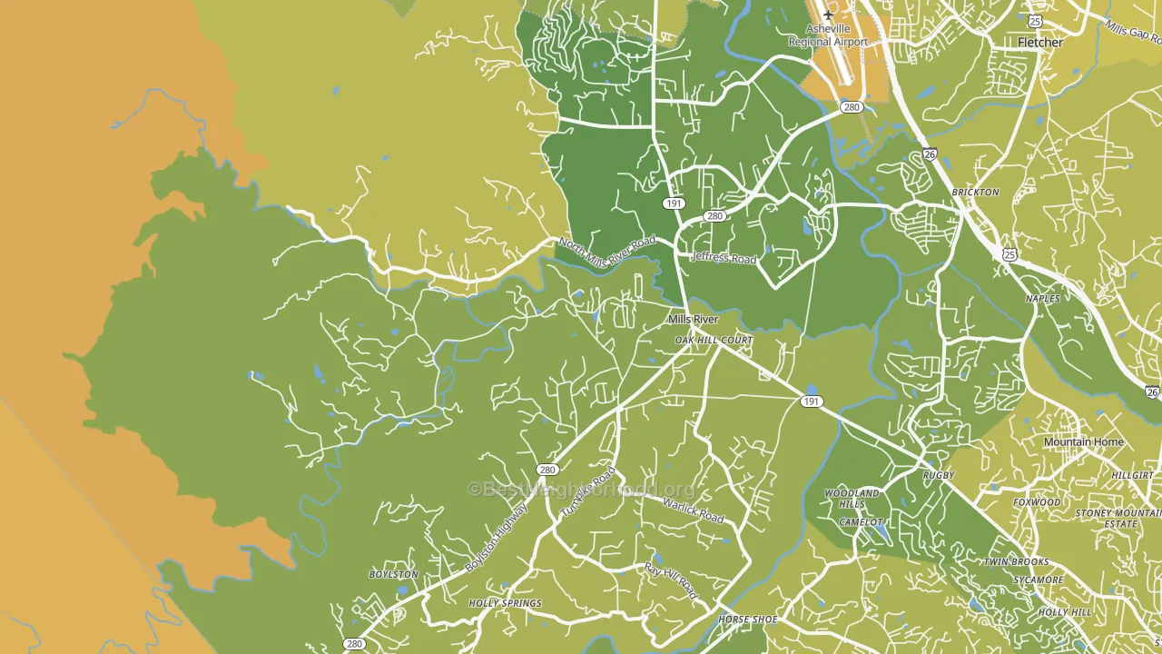 Map of the best neighborhoods in the Mills River area, with better matches in green and worse matches in red