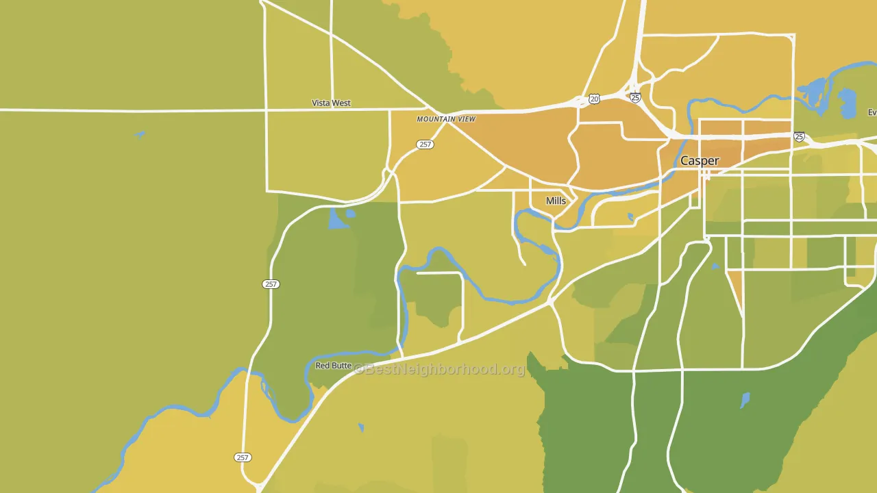 Map of the best neighborhoods in the Mills area, with better matches in green and worse matches in red