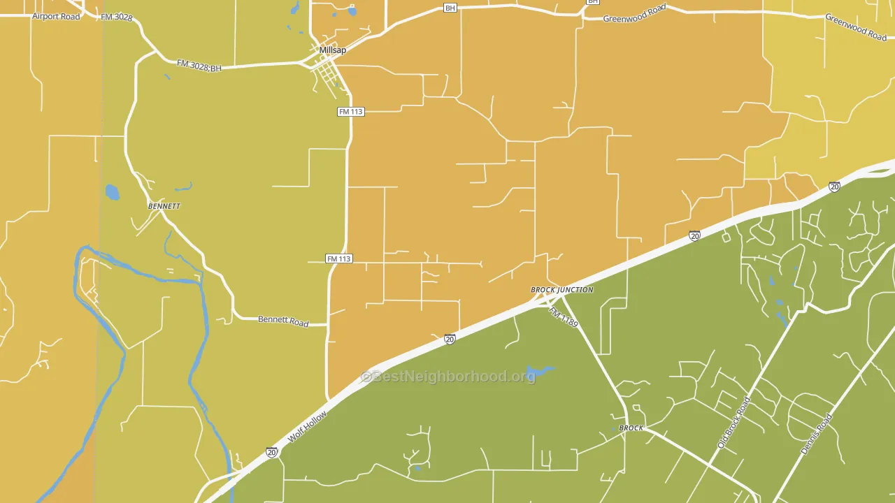 Map of the best neighborhoods in the Millsap area, with better matches in green and worse matches in red