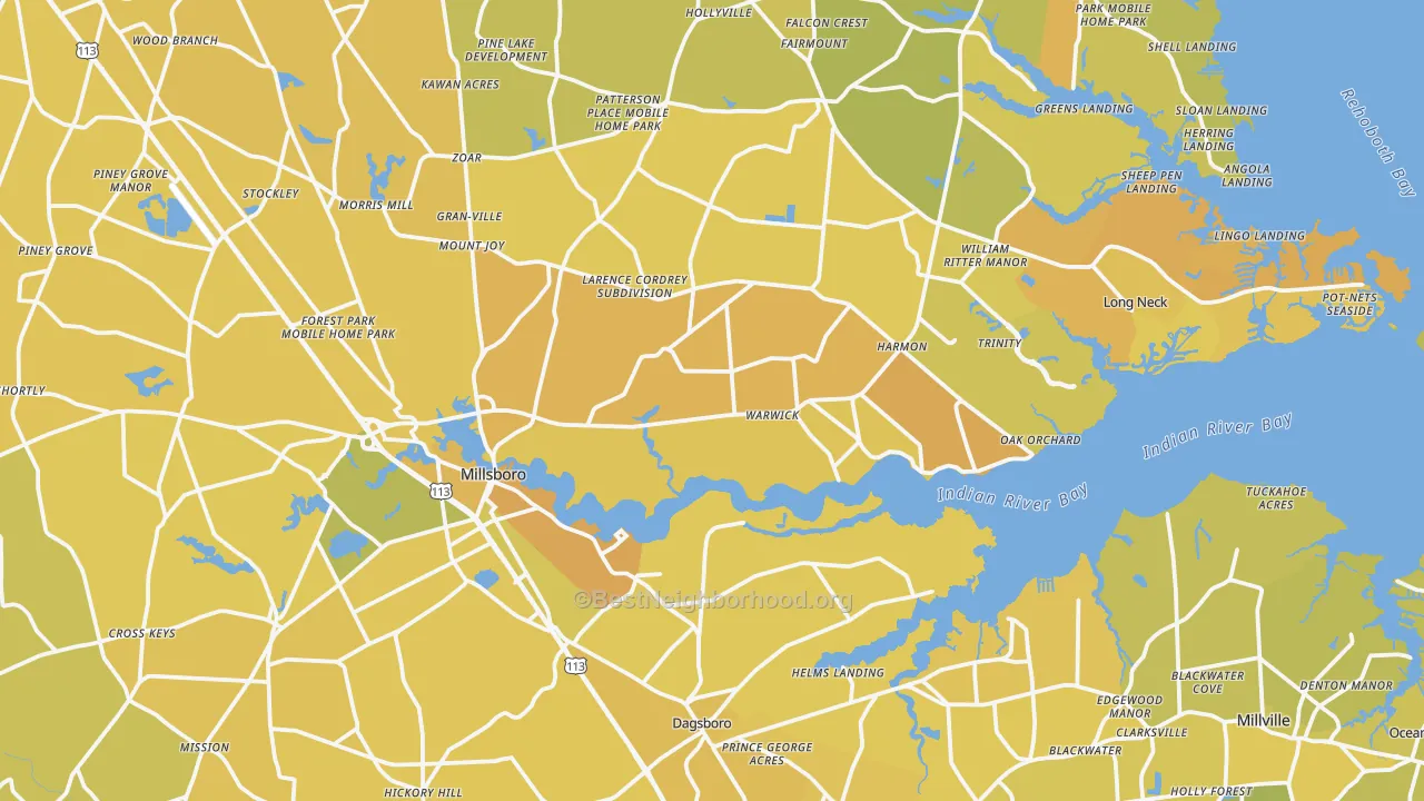 Map of the best neighborhoods in the Millsboro area, with better matches in green and worse matches in red