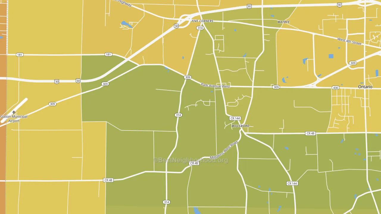 Map of the best neighborhoods in the Millsboro area, with better matches in green and worse matches in red