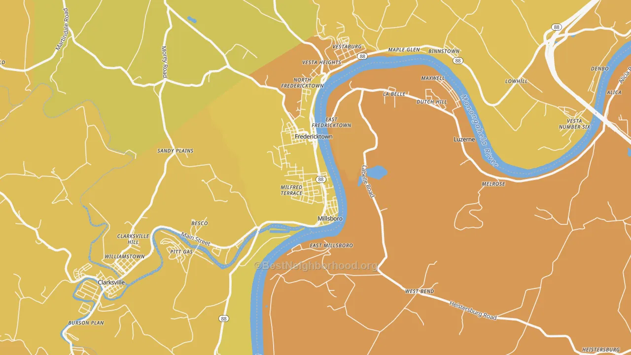 Map of the best neighborhoods in the Millsboro area, with better matches in green and worse matches in red