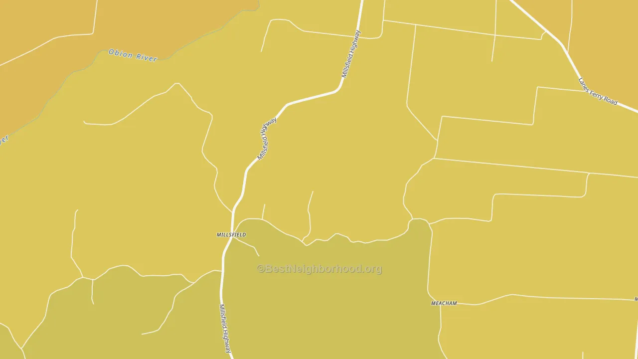 Map of the best neighborhoods in the Millsfield area, with better matches in green and worse matches in red