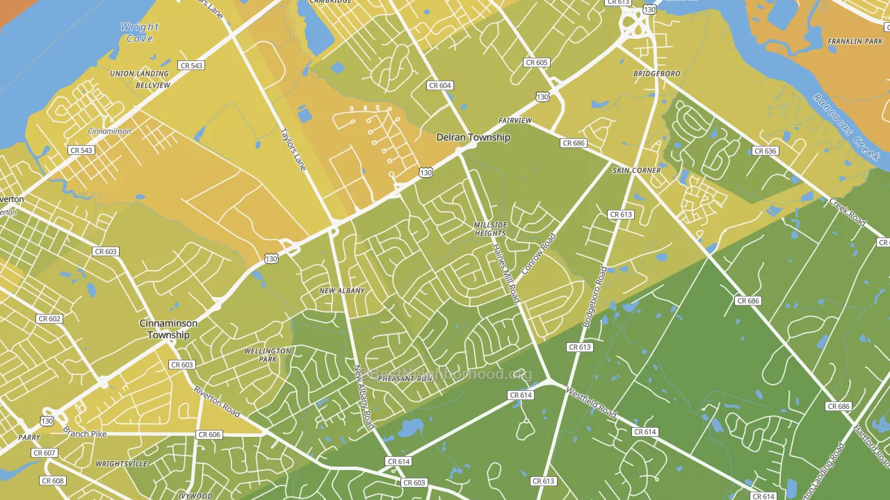 Map of the best neighborhoods in the Millside Heights, Riverside area, with better matches in green and worse matches in red