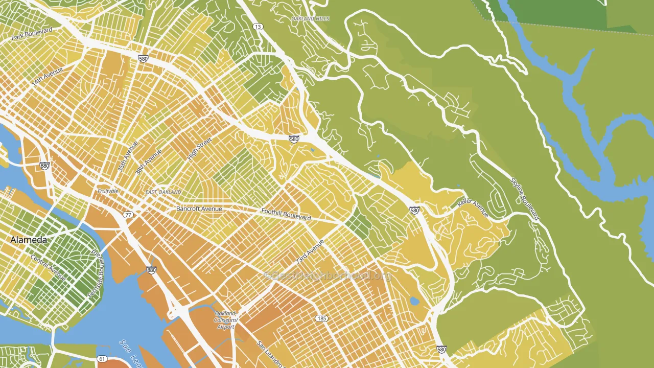 Map of the best neighborhoods in the Millsmont, Oakland area, with better matches in green and worse matches in red