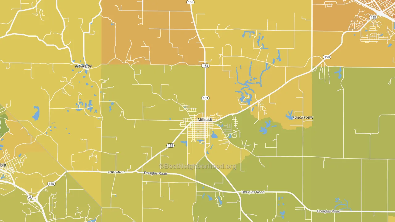 Map of the best neighborhoods in the Millstadt area, with better matches in green and worse matches in red