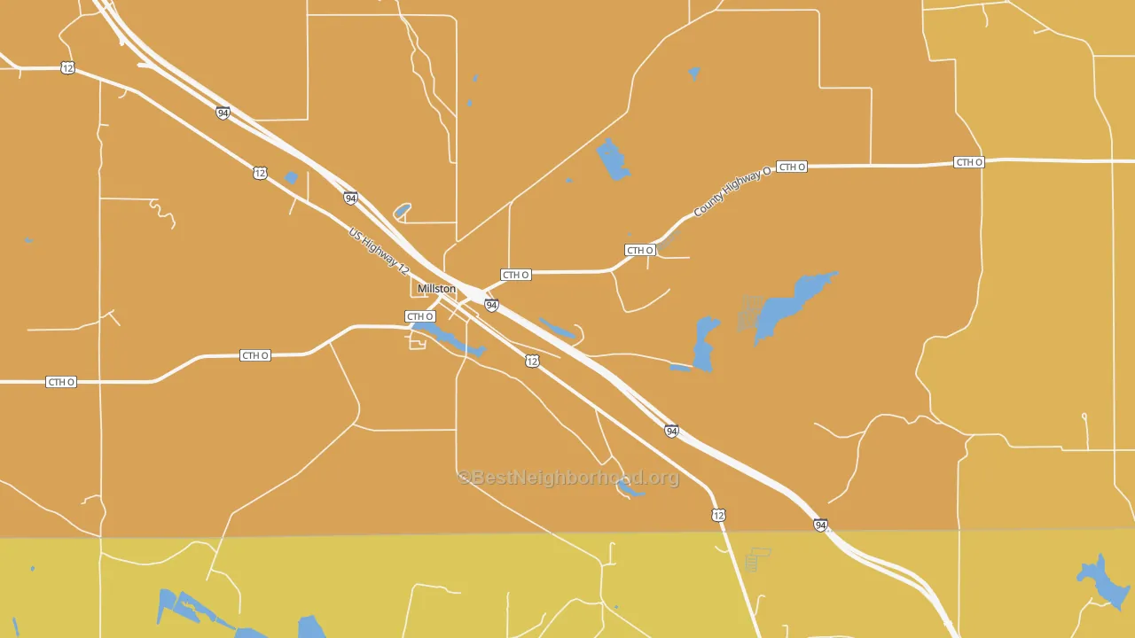 Map of the best neighborhoods in the Millston area, with better matches in green and worse matches in red